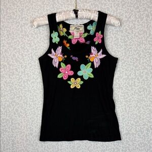 Flair Collection  Black Floral Bird Embroidered Women's Tank Top Vintage Sz. S